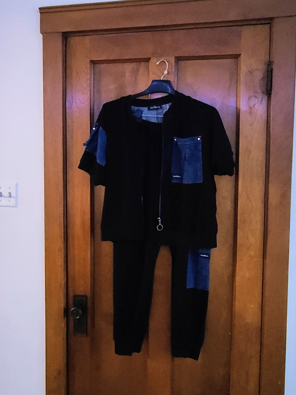 Black Jogger Set with Denim Patch Details